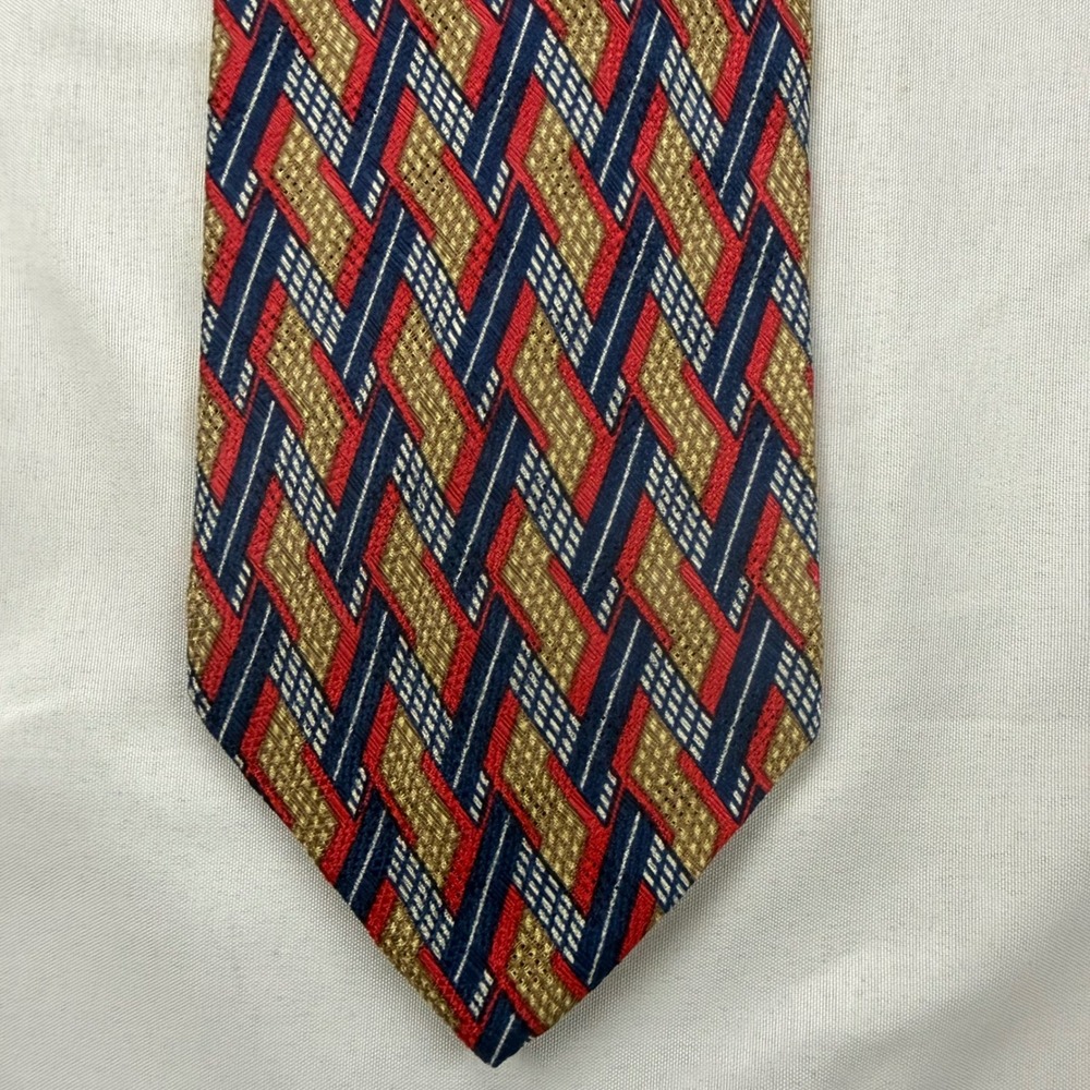 Ermenegildo Zegna Silk Tie Mens 58x3.75 Red Gold Navy Geometrc Basketweave Italy